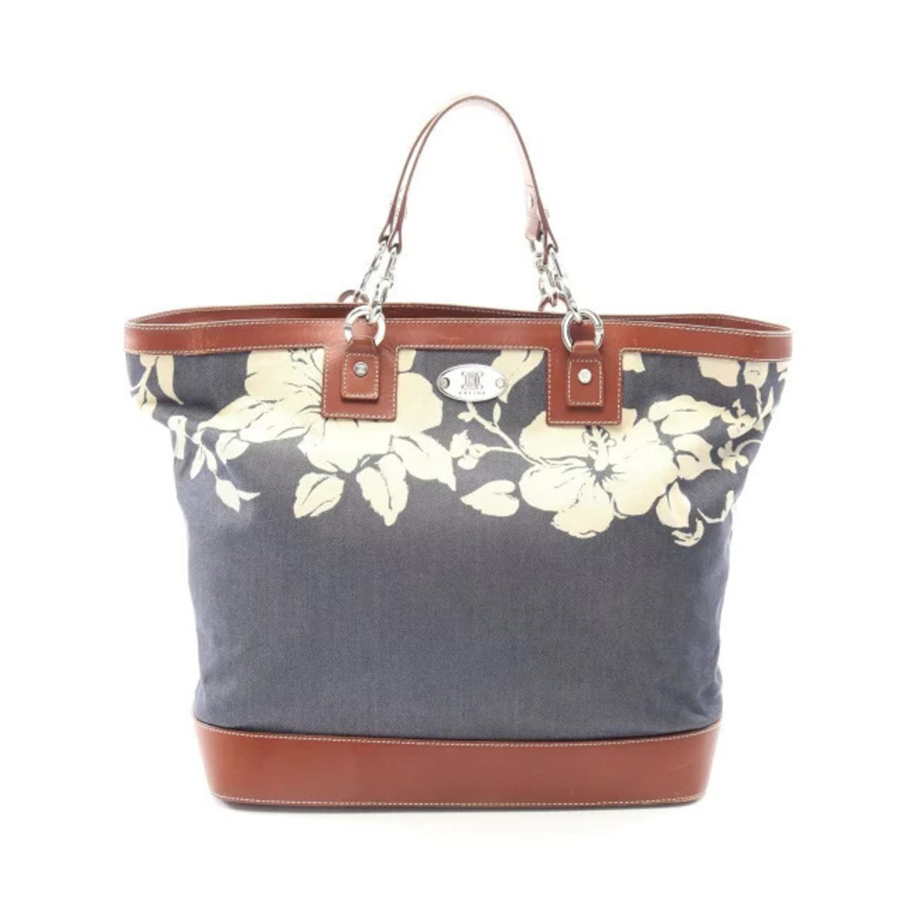 Celine floral tote bag denim leather Navy Blue brown tones